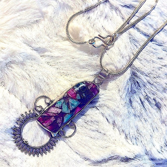 Ruby zoisite pendant sun rays 925 silver plated W/Sterlin Sil chain India Unisex - Picture 3 of 6